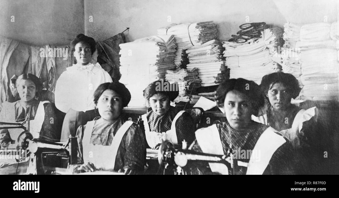 Sewing Class, Indian School, Bismarck, North Dakota, USA, National Photo Company, 1910's Stock Photo