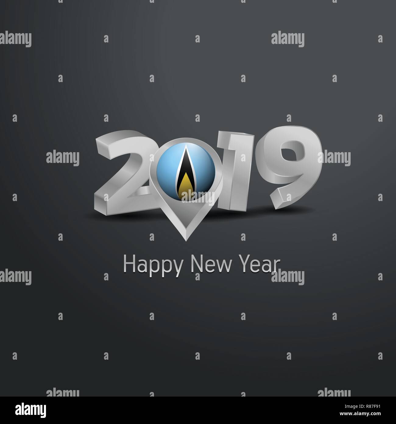 Happy New Year 2019 Grey Typography with Saint Lucia Flag Location Pin. Country Flag  Design Stock Vector