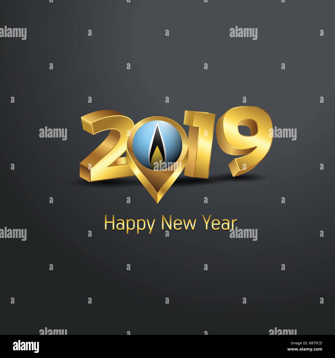 Happy New Year 2019 Golden Typography with Saint Lucia Flag Location Pin. Country Flag  Design Stock Vector