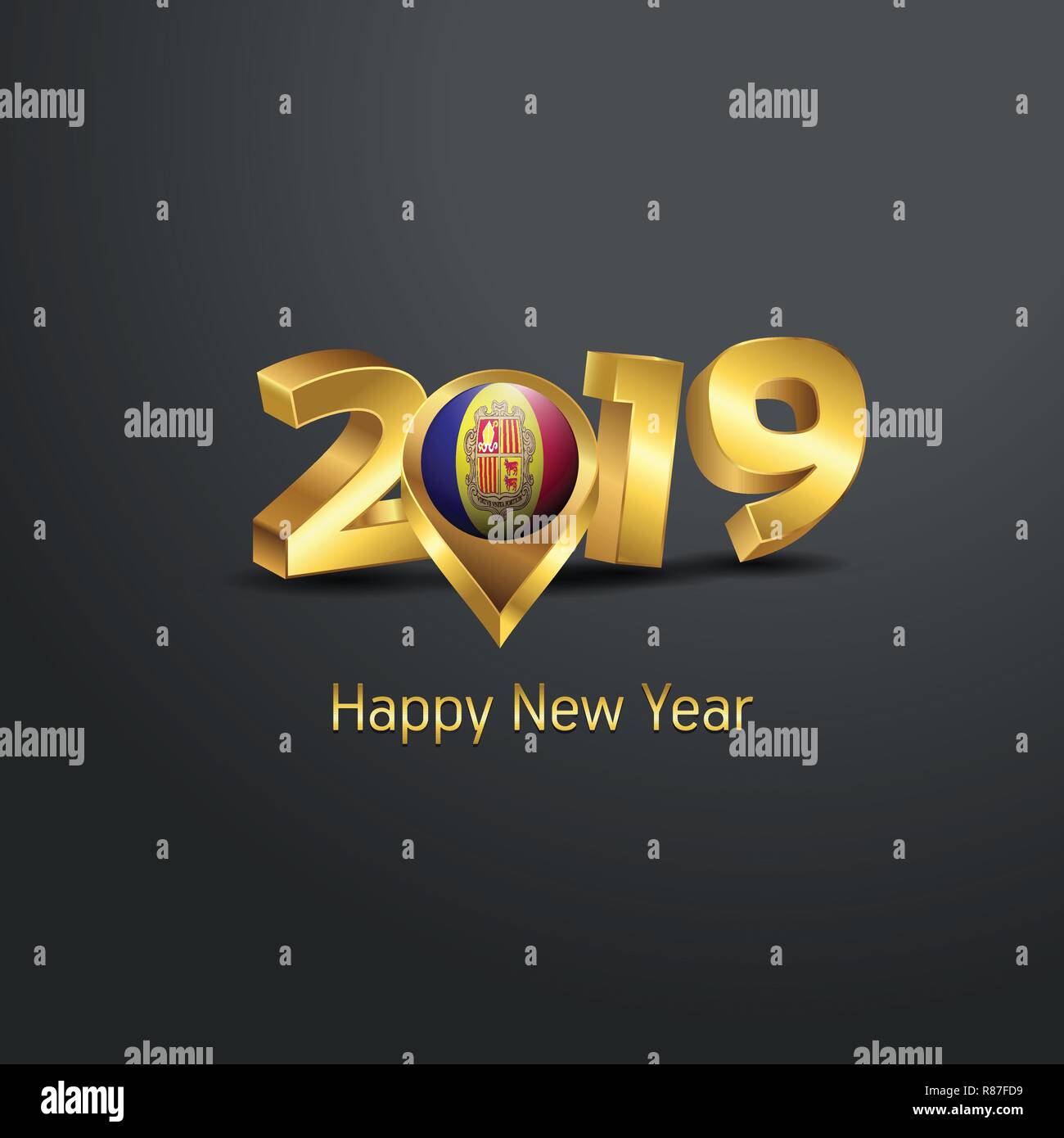 Happy New Year 2019 Golden Typography with Andorra Flag Location Pin. Country Flag  Design Stock Vector