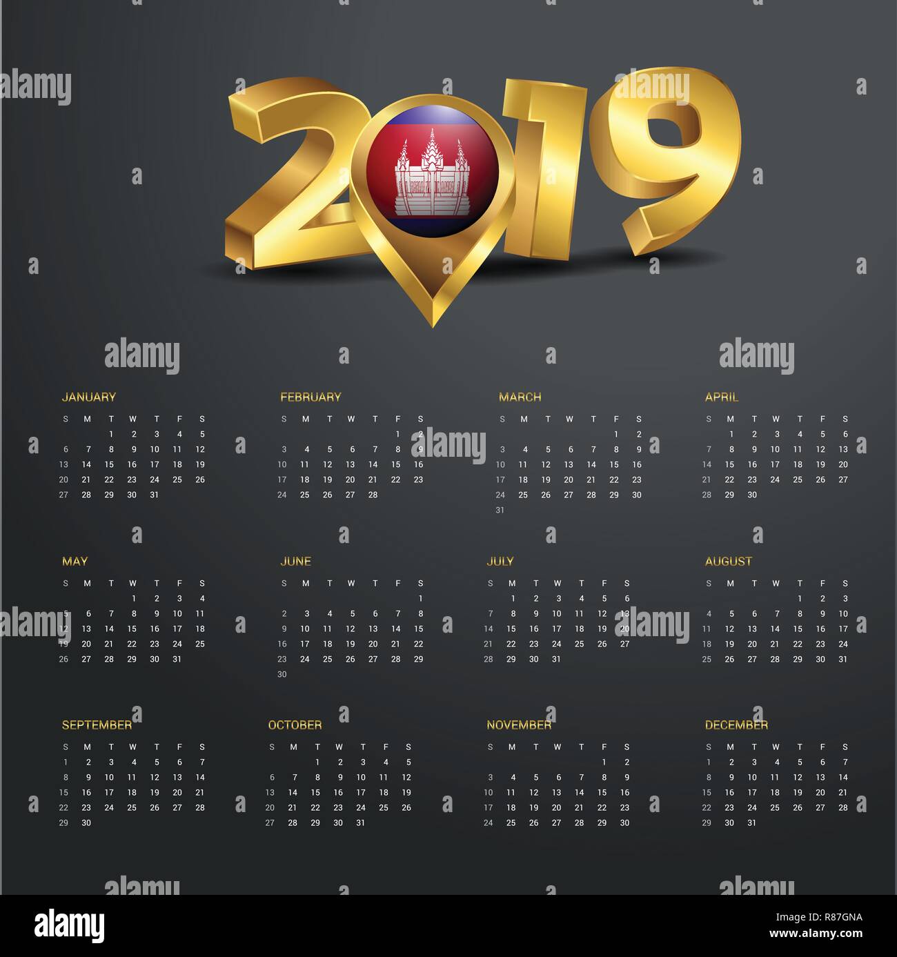 2019 Calendar Template. Cambodia Country Map Golden Typography Header Stock Vector