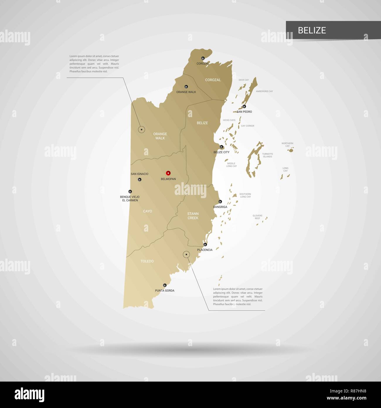 Stylized vector Belize map. Infographic 3d gold map illustration with ...