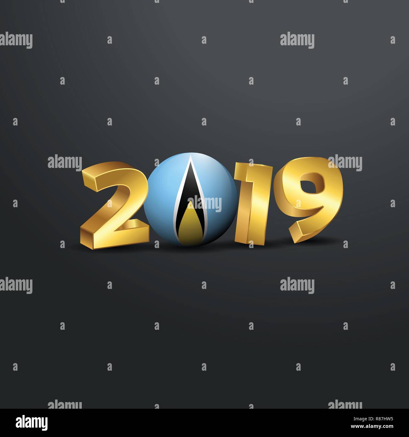 2019 Golden Typography with Saint Lucia Flag. Happy New Year Lettering Stock Vector