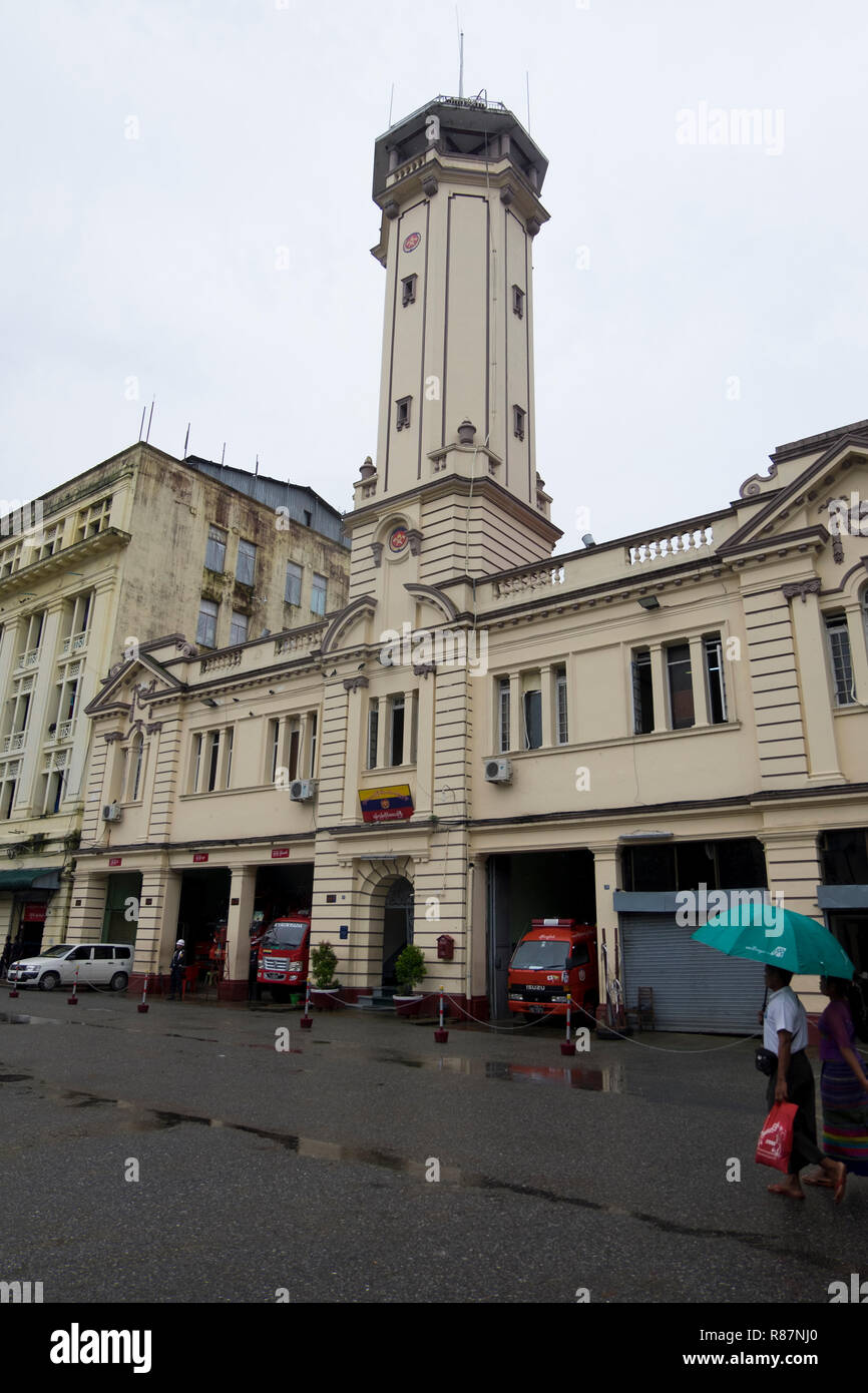 Central Fire Station, an example of British Colonial Architecture in Yangon, Myanmar. Stock Photo