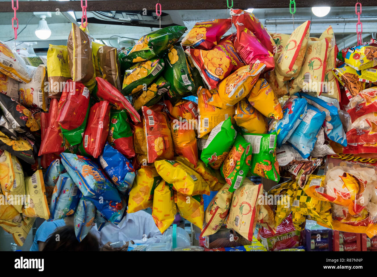 Snack bags at a stall in Yangon, Myanmar. Stock Photo