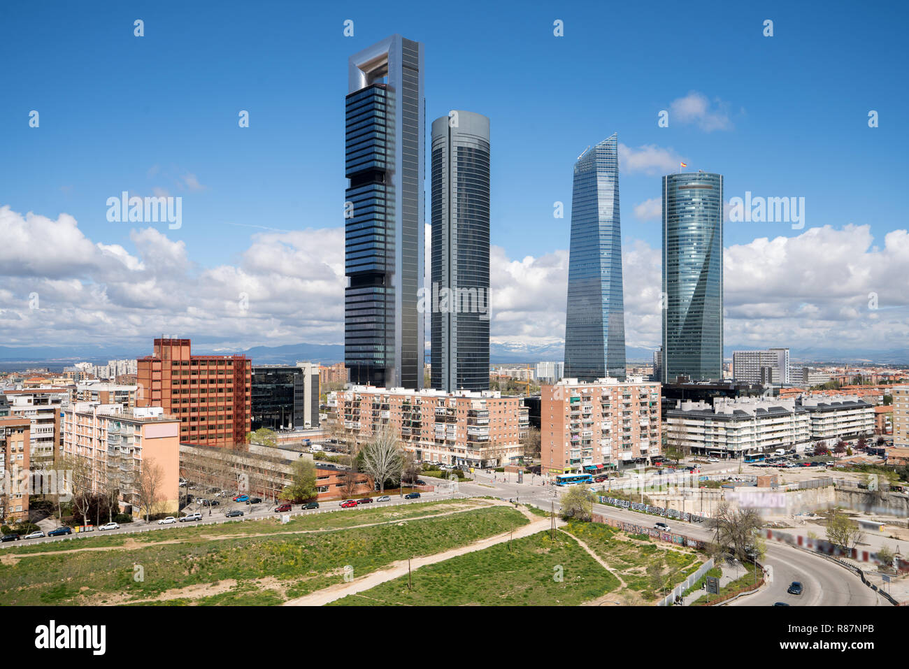 Madrid cityscape at daytime. Landscape of Madrid business building at Four Tower. Modern high building in business district area at Spain. Stock Photo