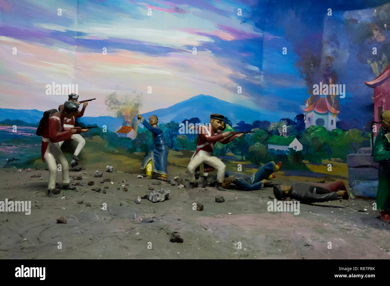 Diorama depicting the colonial British fighting the locals at the Drug Elimination Museum in Yangon, Myanmar. Stock Photo