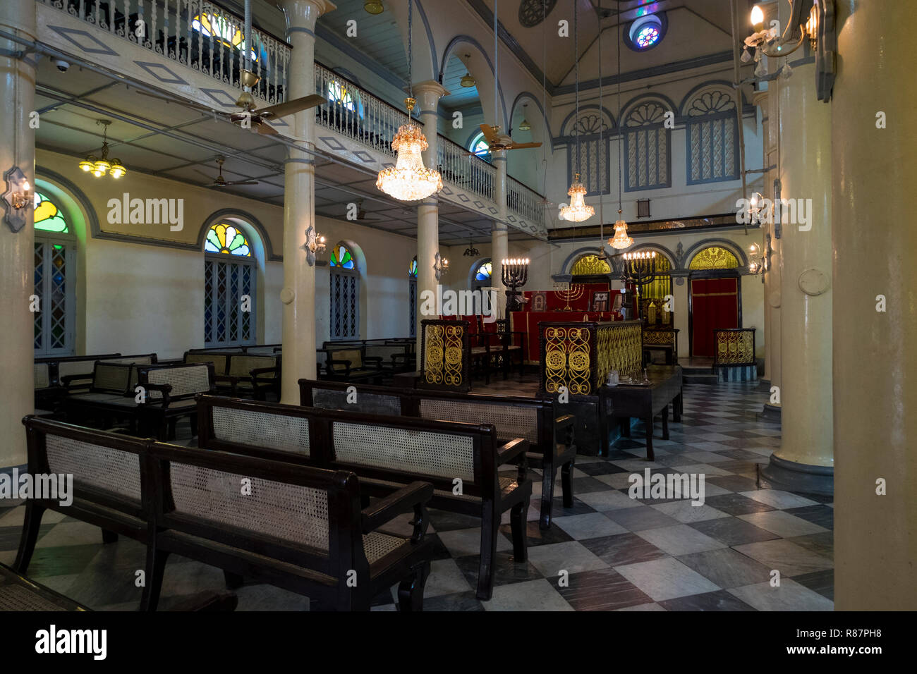 The interior of the Musmeah Yeshua Synagogue in Yangon, Myanmar. Stock Photo
