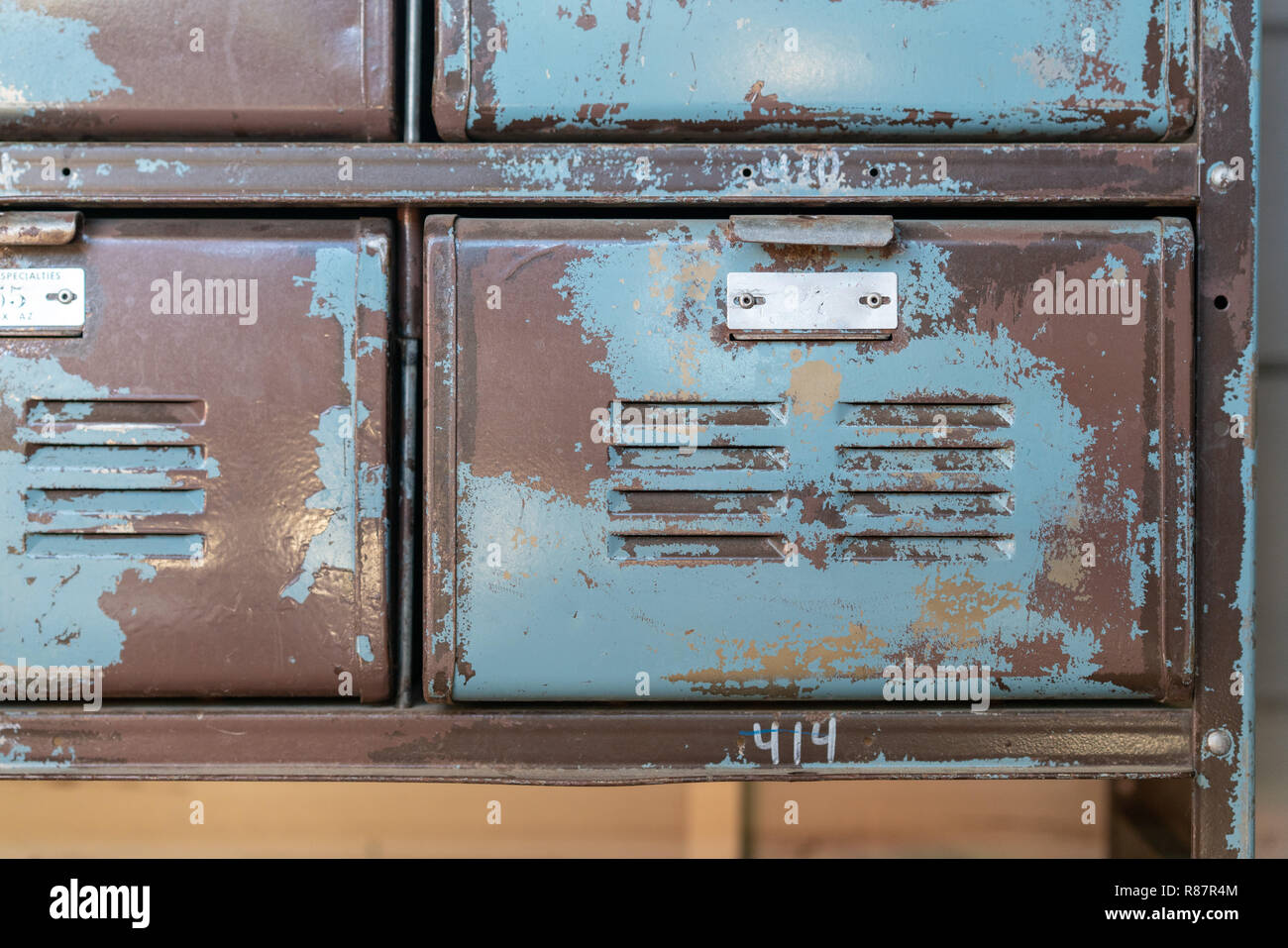 Old rusty blue cabin drawer Stock Photo - Alamy