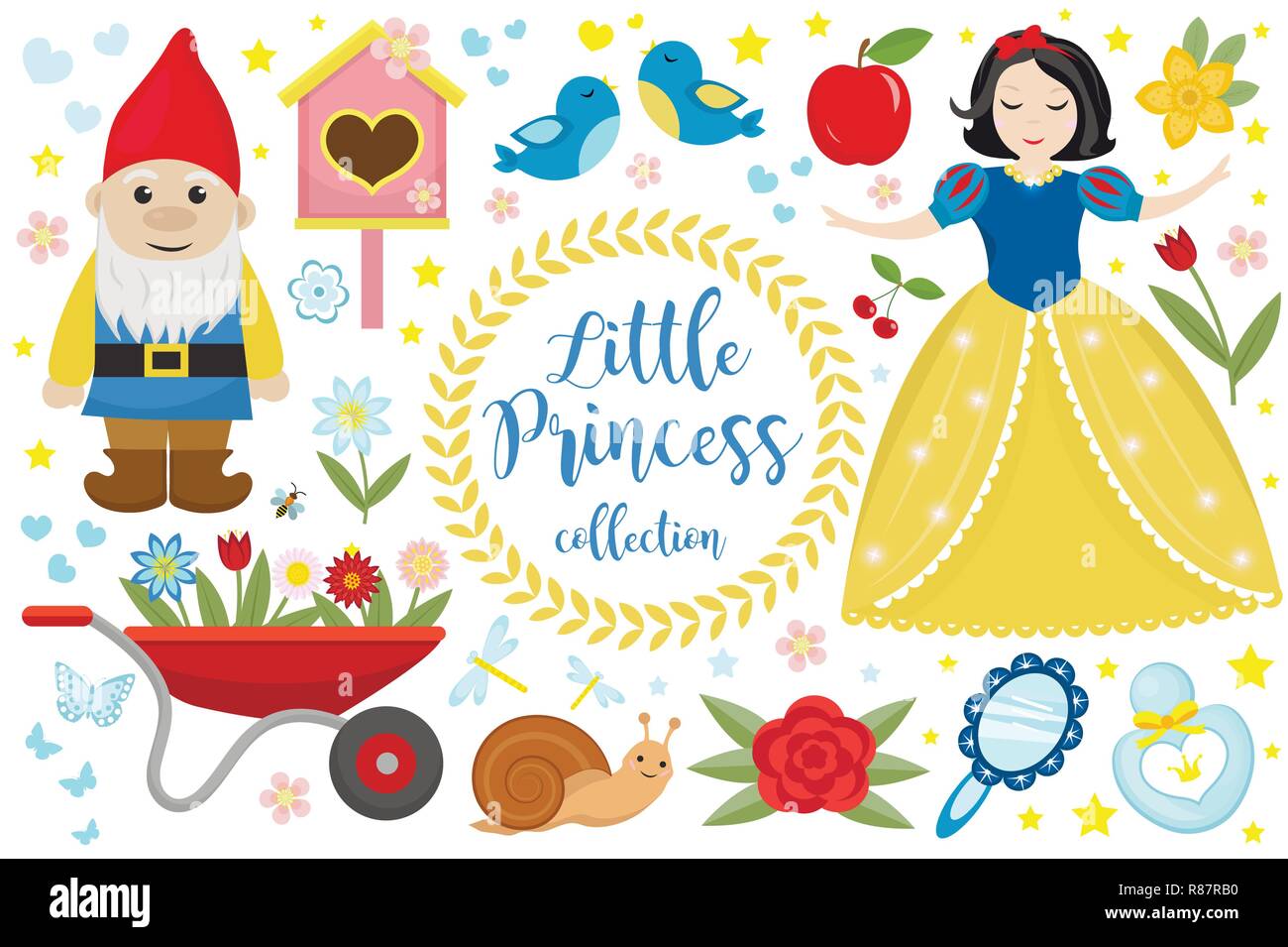 Cute fairytale princess snow white set objects. Collection design element with a little pretty girl, gnome, apple, flowers, birds. Kids baby clip art funny smiling character. Vector illustration Stock Vector Image & Cute fairytale princess snow white set objects. Collection design element with a little pretty girl, gnome, apple, flowers, birds. Kids baby clip art funny smiling character. Vector illustration Stock Vector Image &