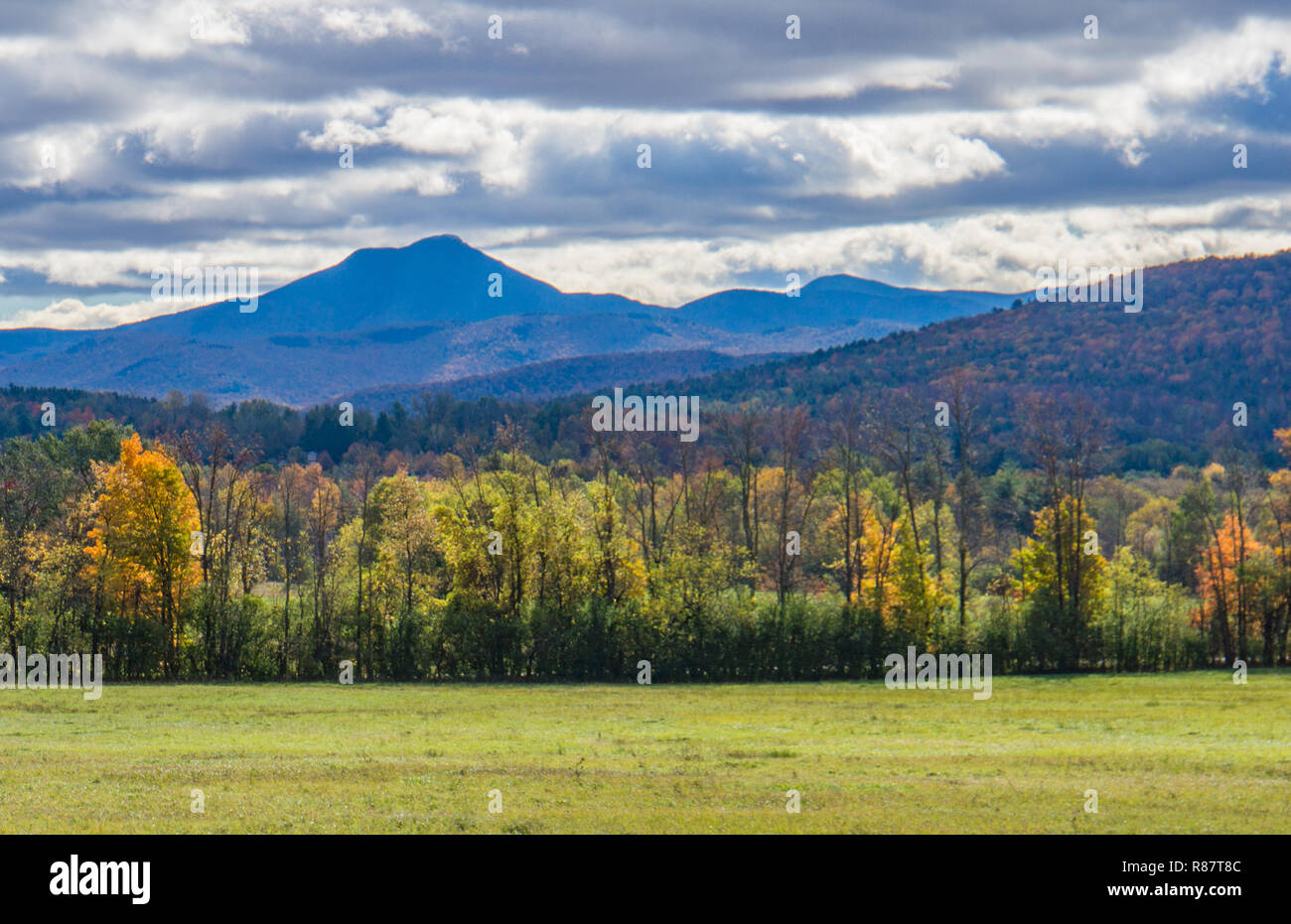 view of Camels Hump Mountain in fall foliage season, in Vermont Stock Photo