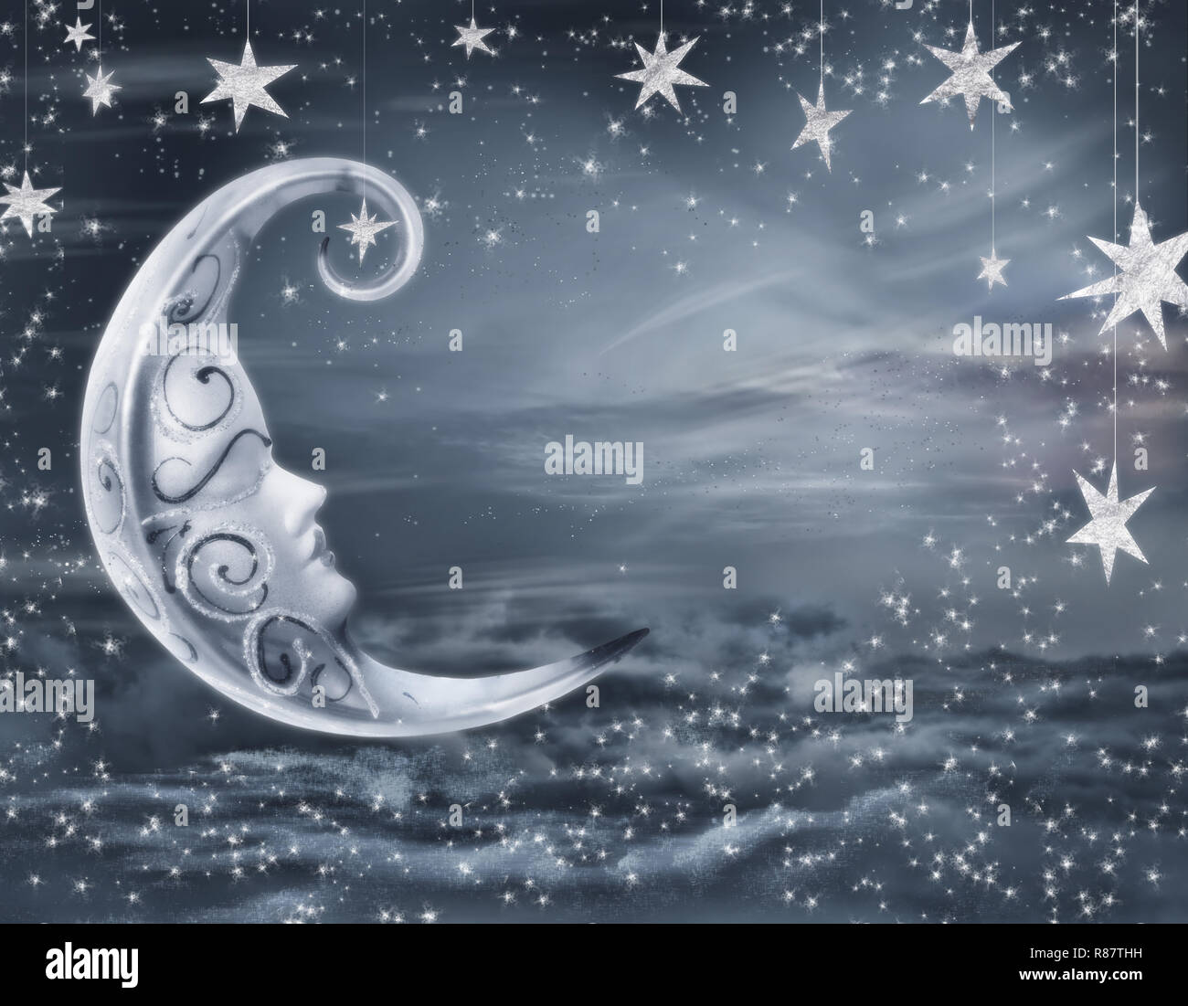 empty surreal fairy tale art background, night sky with moon face and stars, copy space for text Stock Photo