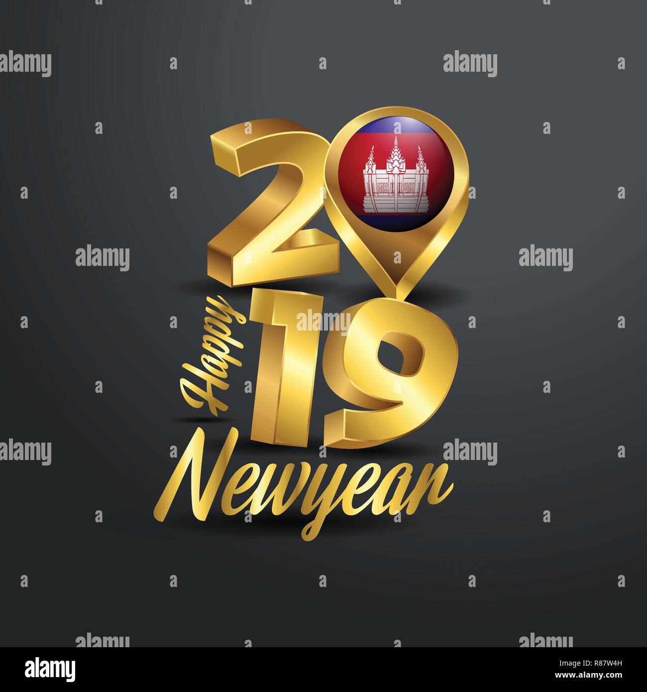 Happy New Year 2019 Golden Typography with Cambodia Flag Location Pin. Country Flag  Design Stock Vector
