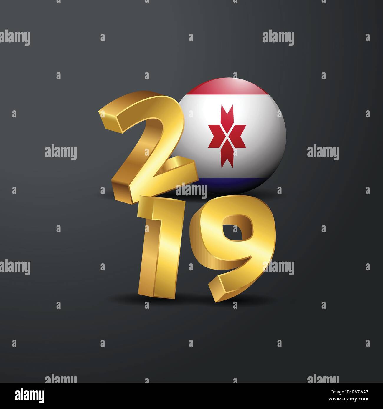 2019 Golden Typography with Mordovia Flag. Happy New Year Lettering Stock Vector