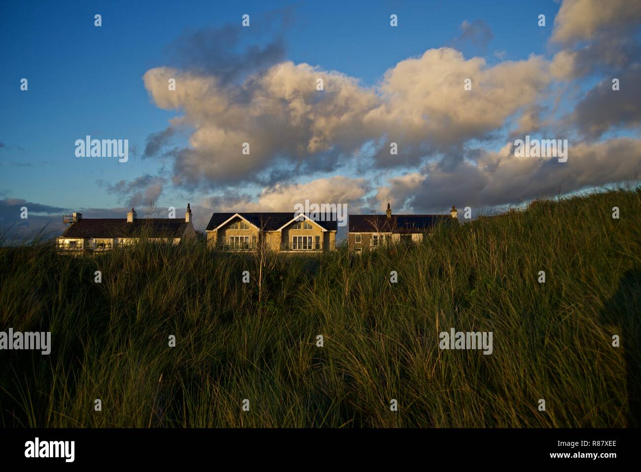Houses on the common in the seaside village of Rhosneigr, Anglesey, North Wales, UK Stock Photo