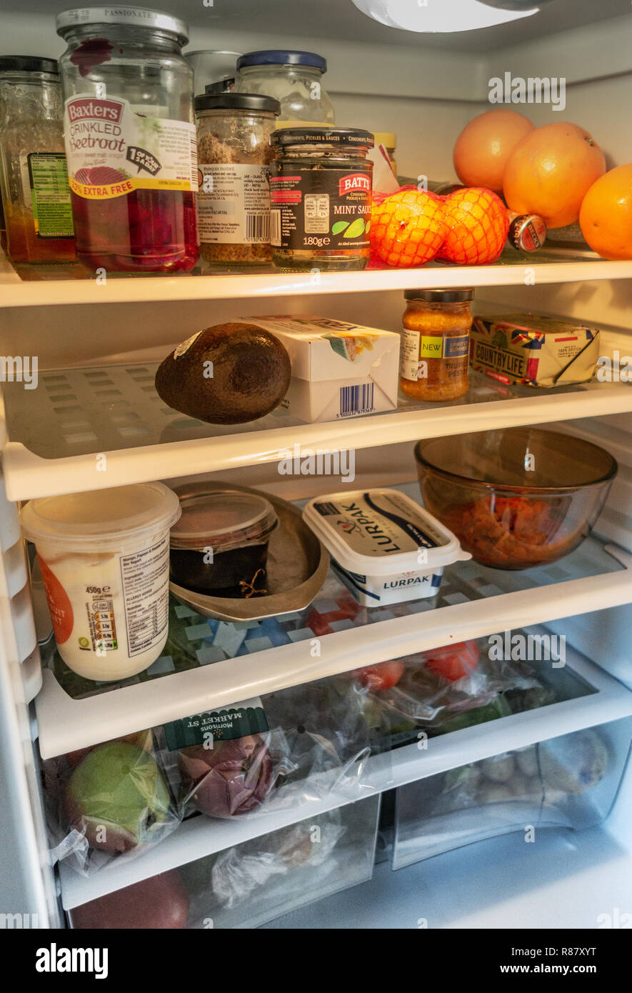 Inside view of a fridge and Contents owned by a 90 year old lady in England Stock Photo