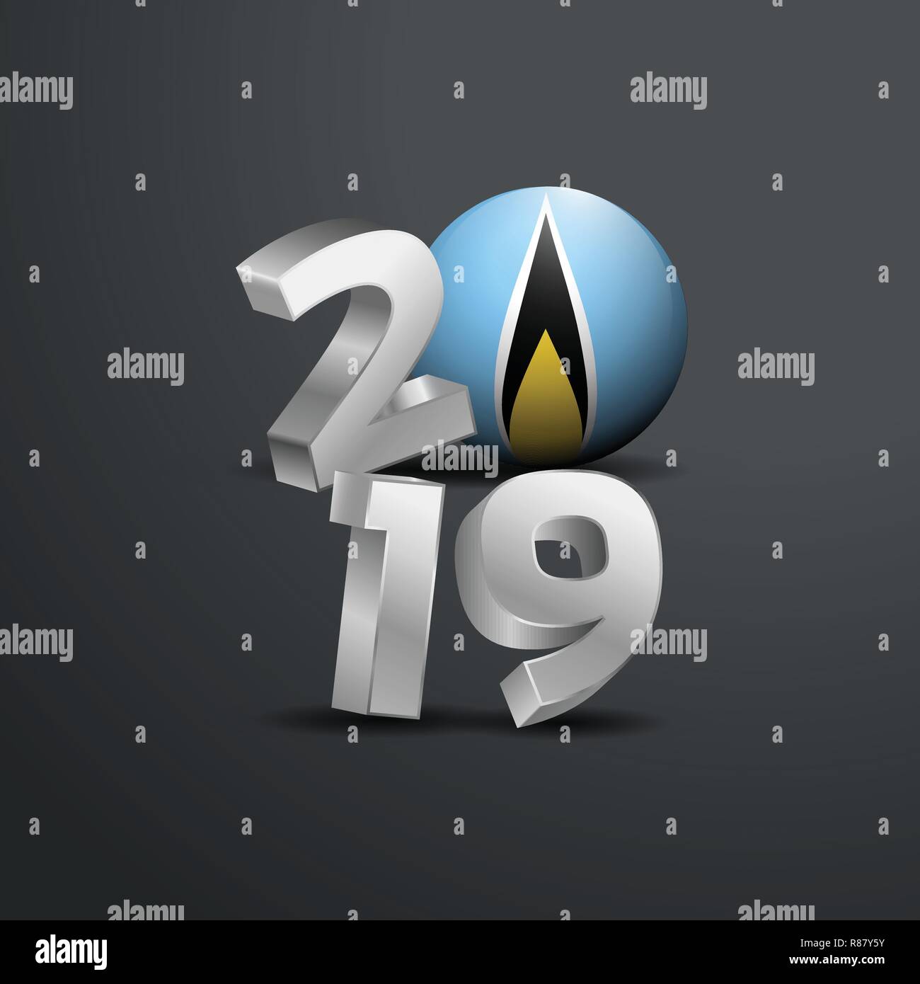 2019 Grey Typography with Saint Lucia Flag. Happy New Year Lettering Stock Vector
