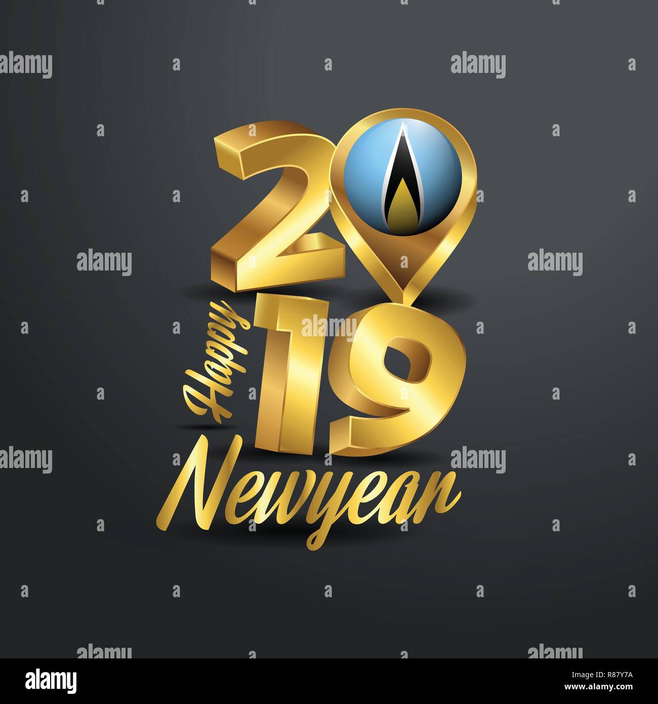 Happy New Year 2019 Golden Typography with Saint Lucia Flag Location Pin. Country Flag  Design Stock Vector