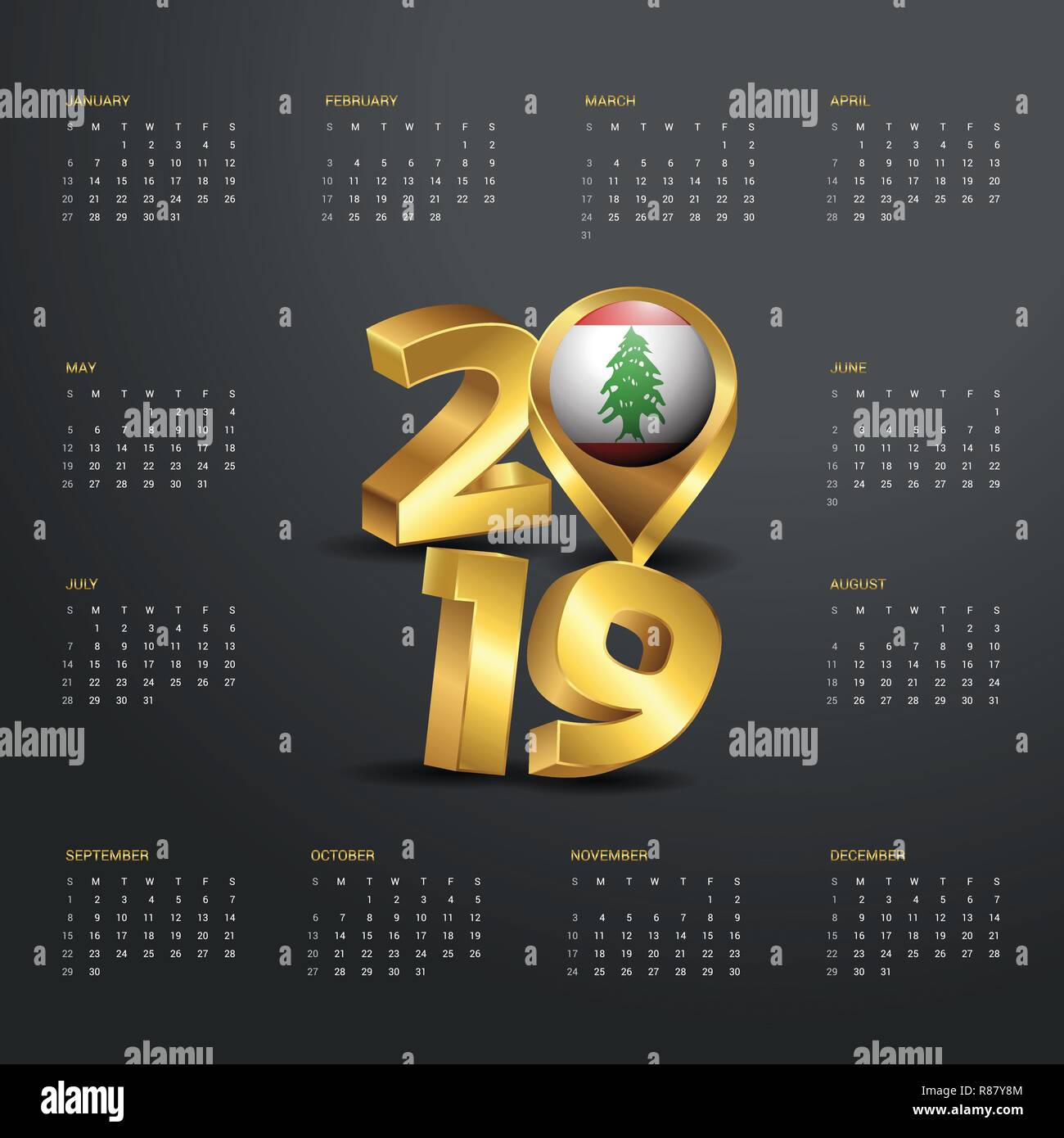 2019 Calendar Template. Golden Typography with Lebanon Country Map Golden Typography Header Stock Vector