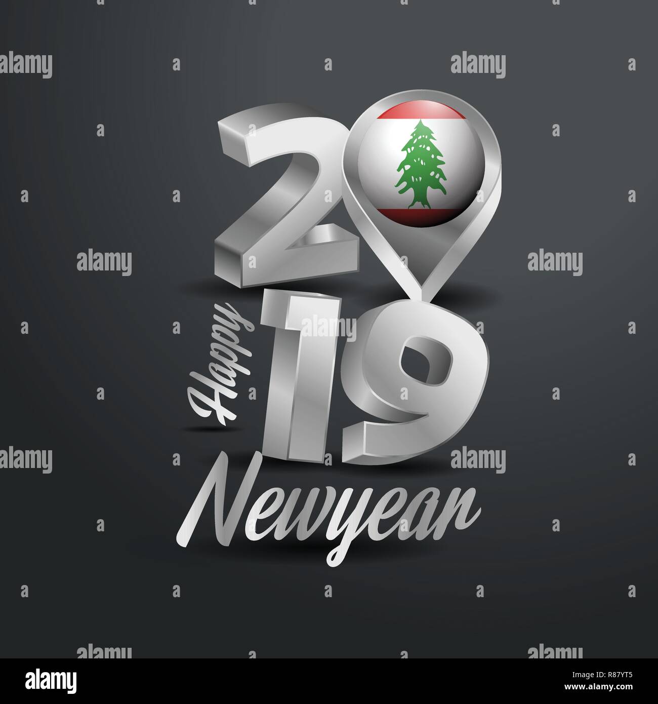 Happy New Year 2019 Grey Typography with Lebanon Flag Location Pin. Country Flag  Design Stock Vector