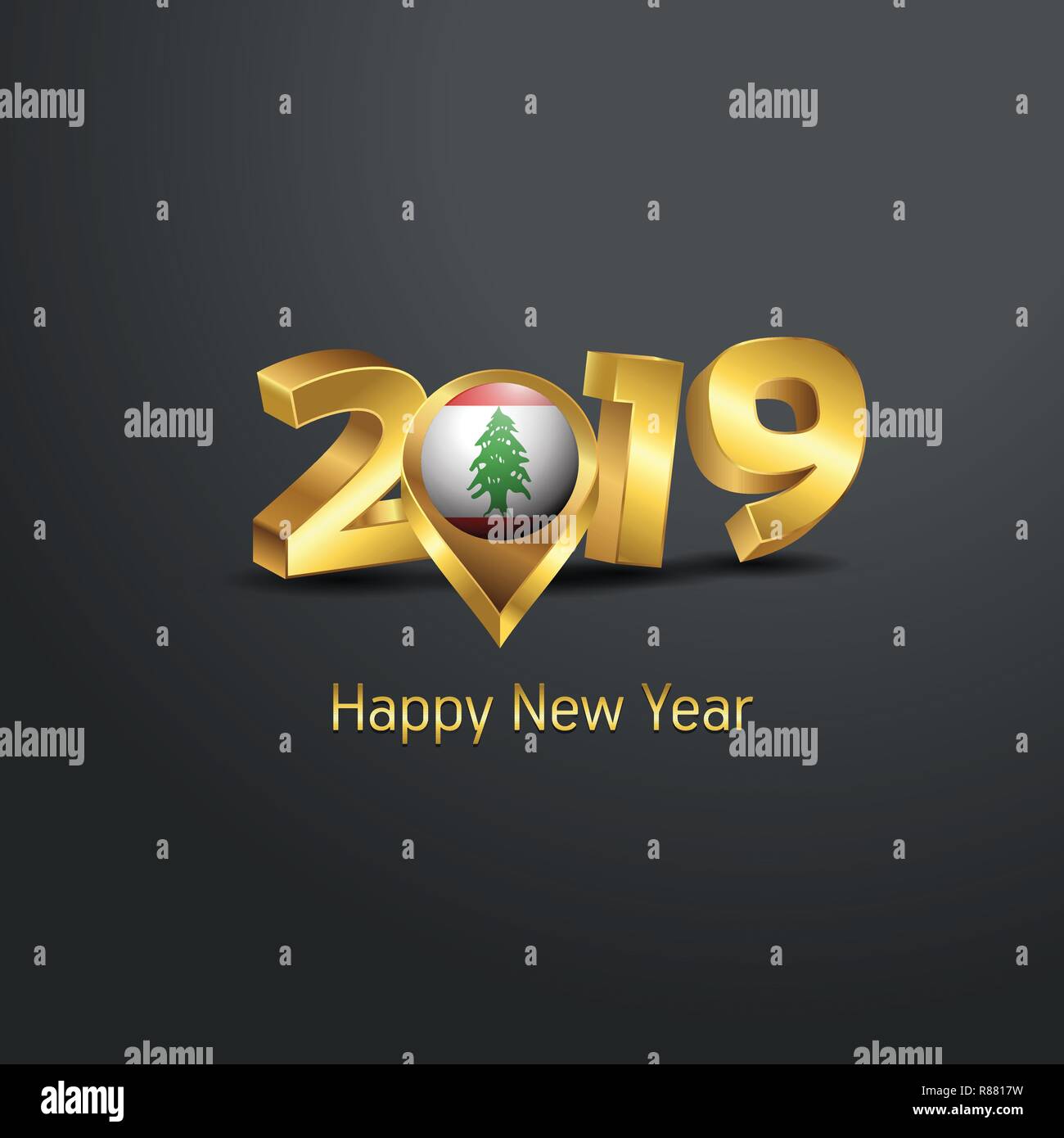 Happy New Year 2019 Golden Typography with Lebanon Flag Location Pin. Country Flag  Design Stock Vector