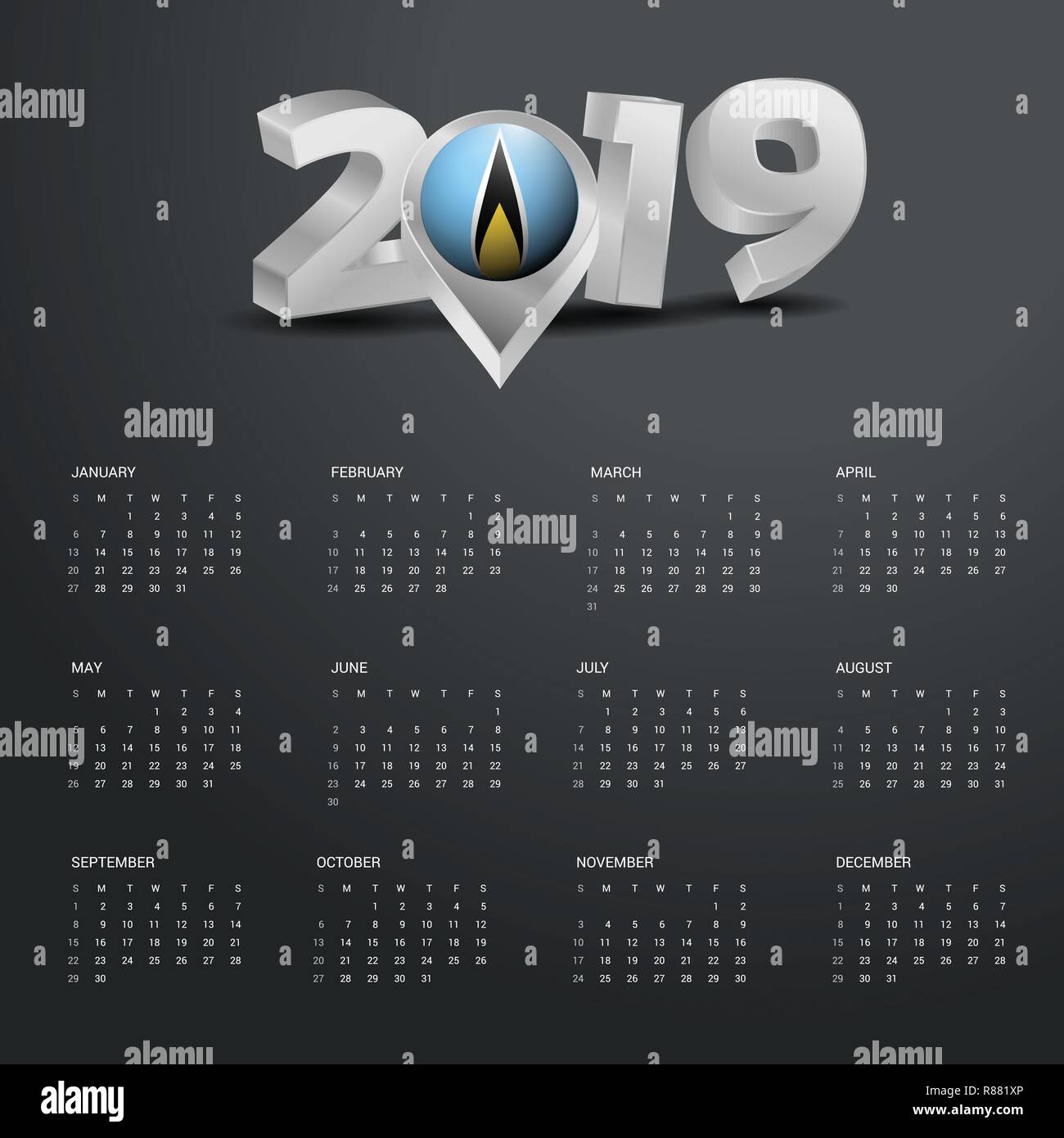 2019 Calendar Template. Grey Typography with Saint Lucia Country Map Golden Typography Header Stock Vector