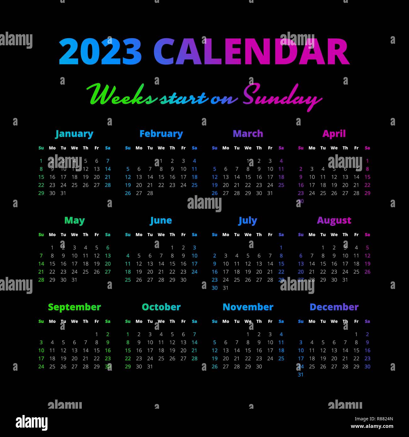 Simple 2023 Year Calendar On The Black Background Stock Vector Image