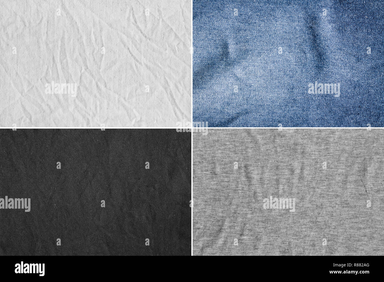 Four different backgrounds with delicate striped pattern. Fabric textures, demim, burlap, cotton. Stock Photo