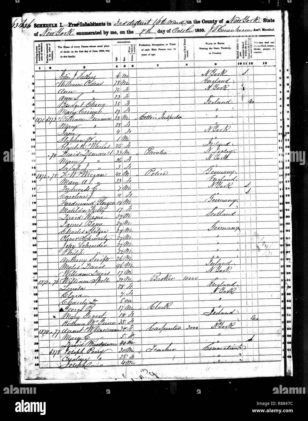 Captain William Oldrin (1772-1858) in the 1850 United States census in New York City. Stock Photo