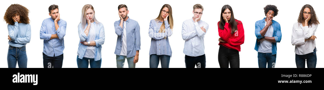 Composition of african american, hispanic and caucasian group of people over isolated white background thinking looking tired and bored with depressio Stock Photo