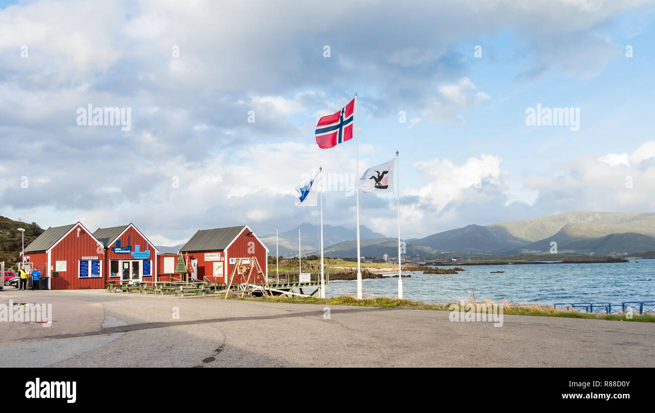 Leknes, Norway - August 23th, 2018: View of the entrance of the Port of Leknes, Lofoten, Norway. Stock Photo