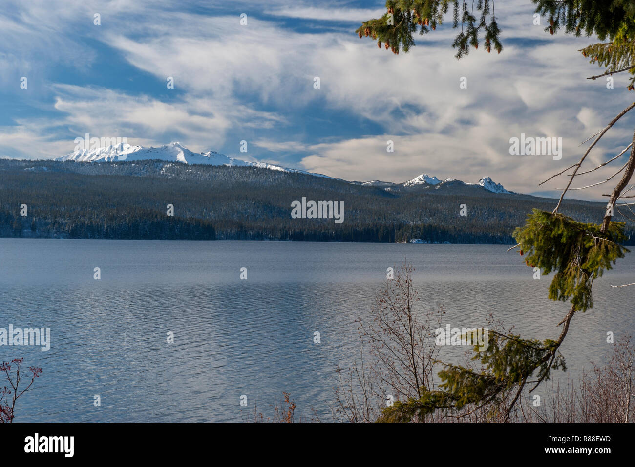 Diamond Peak (L) and Mt. Yoran (R) rise above Oregon's Odell Lake in the southern Cascades. View