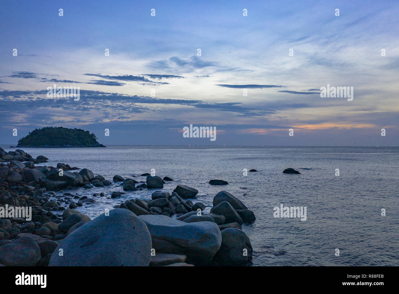 the hidden paradise rock beach is on Laem Chai in the middle of Karon beach and Kata beach close Pu island  there have many large rocks Stock Photo