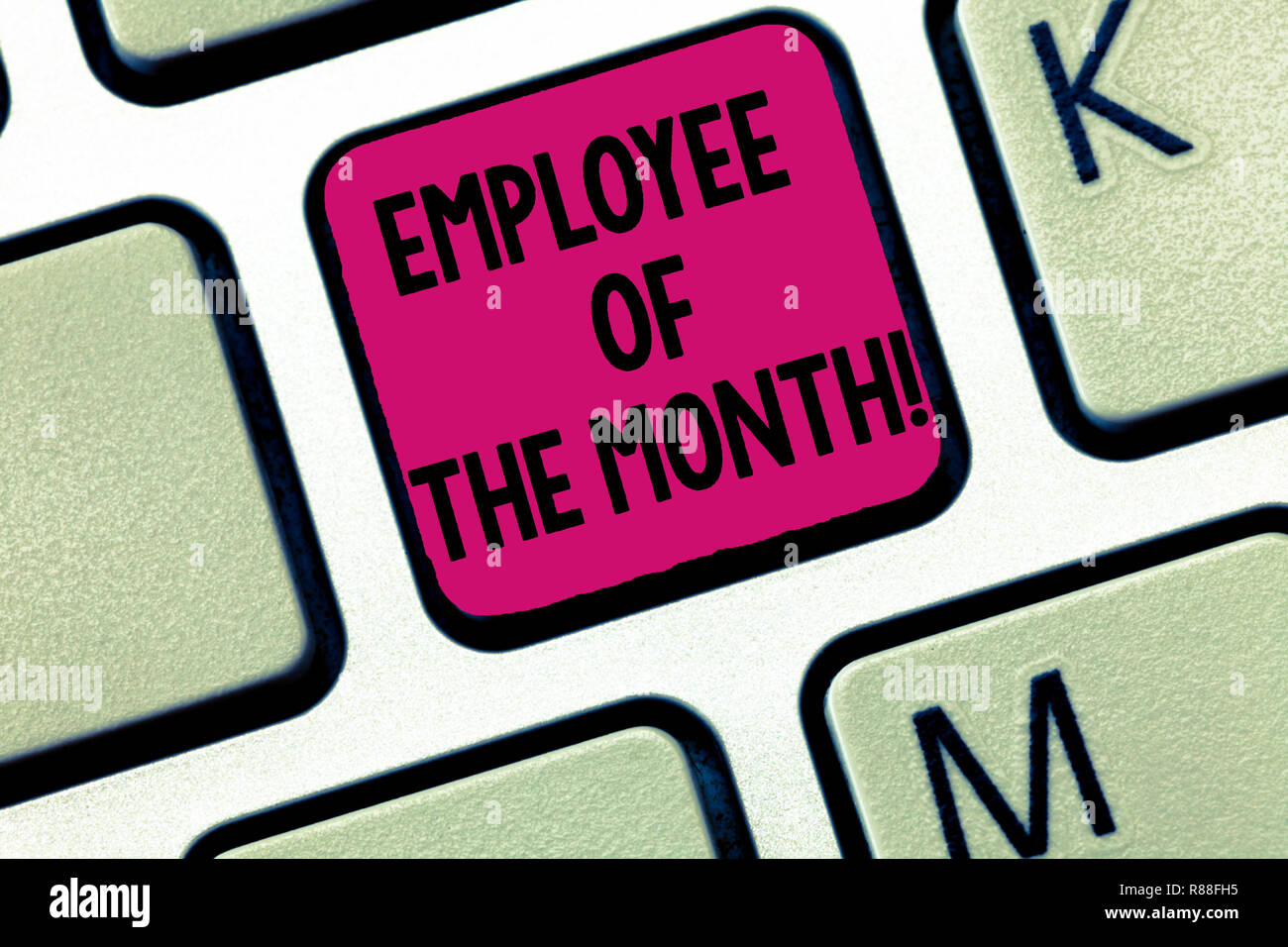 Writing note showing Employee Of The Month. Business photo showcasing Reward Prize recognition for hard good excellent job Keyboard Intention to creat Stock Photo