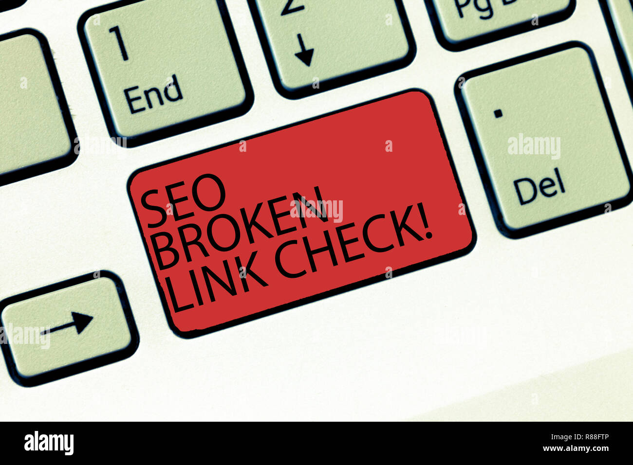 Writing note showing Seo Broken Link Check. Business photo showcasing Search engine optimization error in website links Keyboard Intention to create c Stock Photo