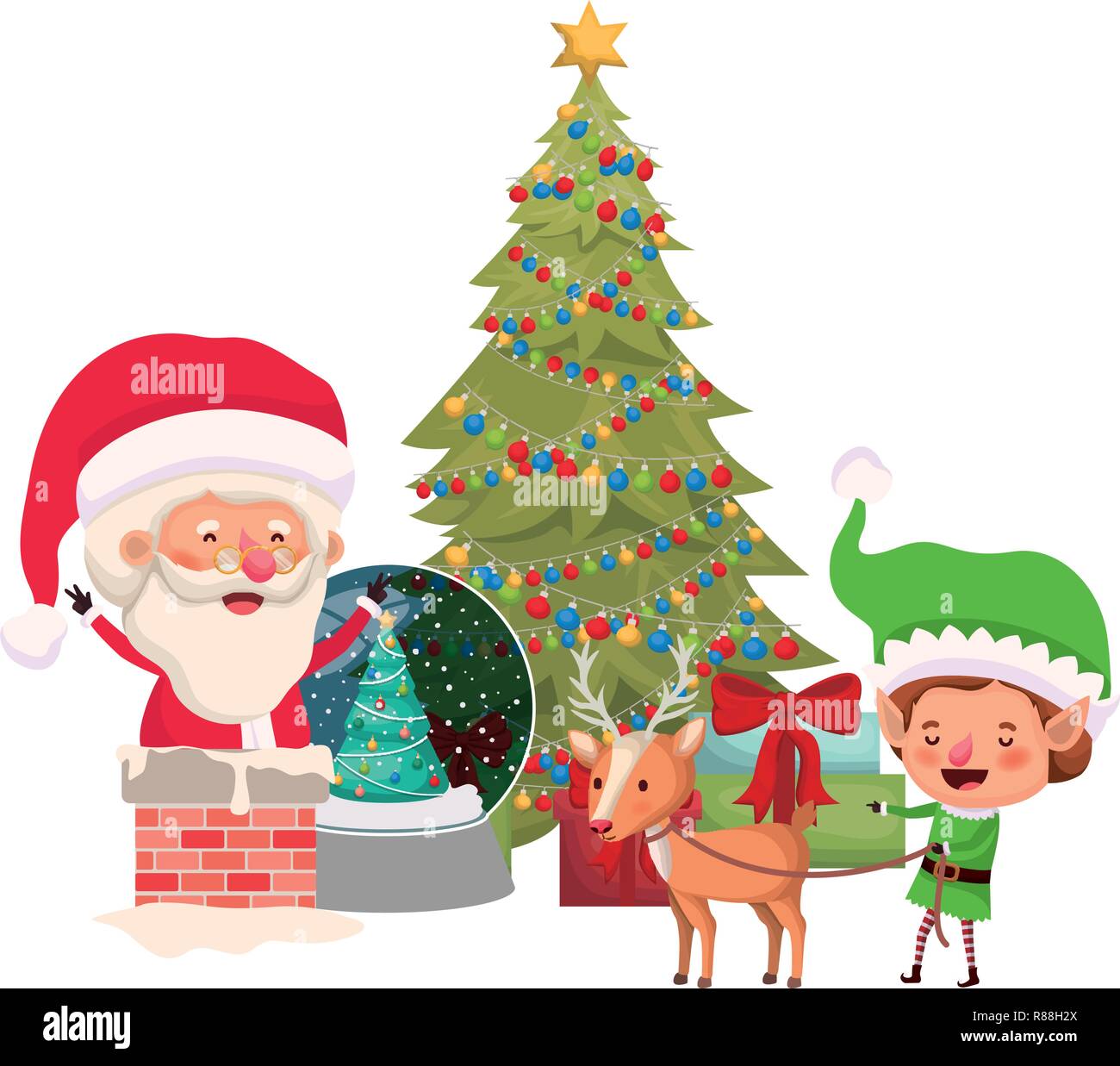 santa claus and elf with christmas tree Stock Vector Image & Art - Alamy
