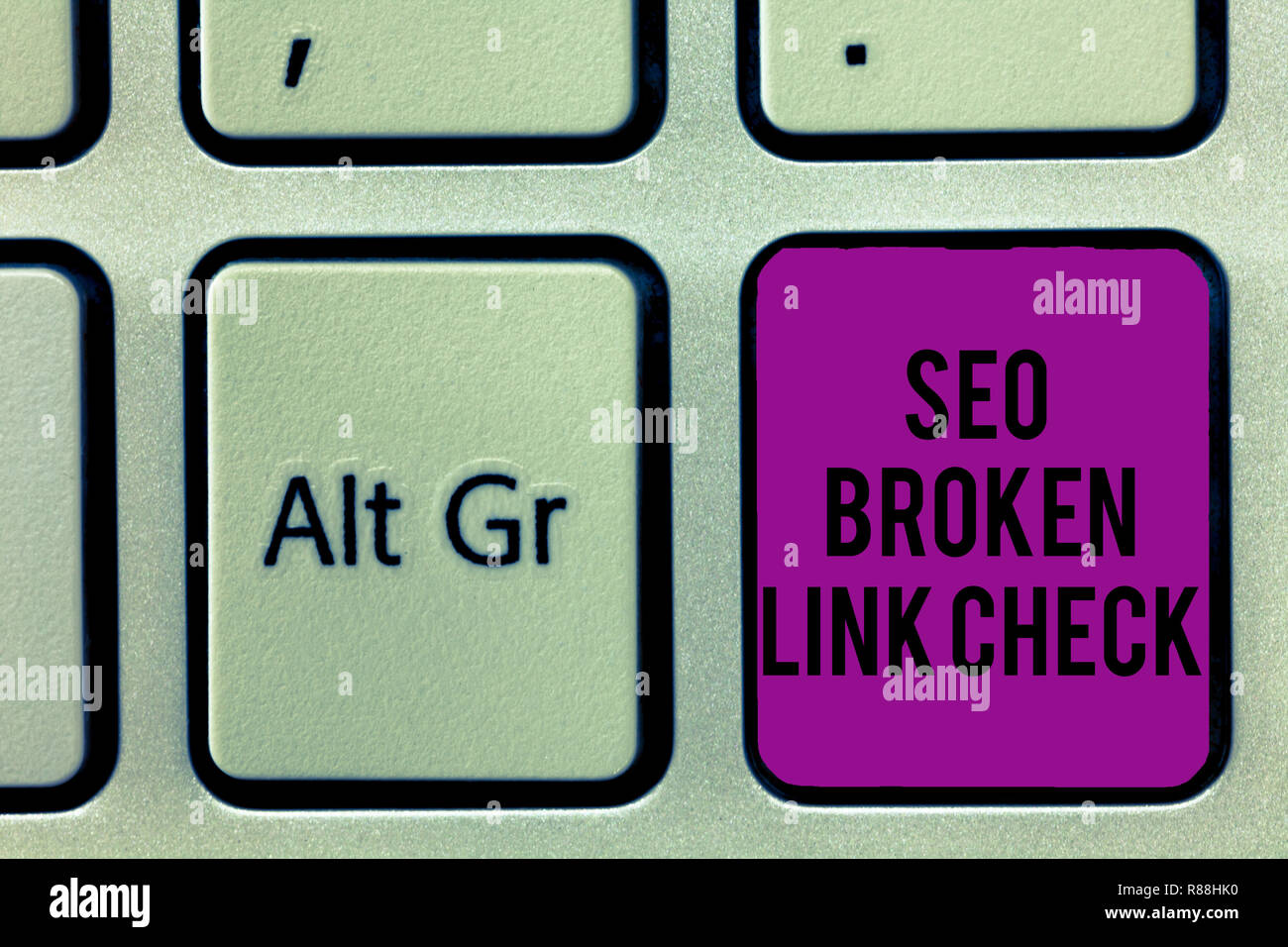 Writing note showing Seo Broken Link Check. Business photo showcasing Search engine optimization error in website links Keyboard key Intention to crea Stock Photo