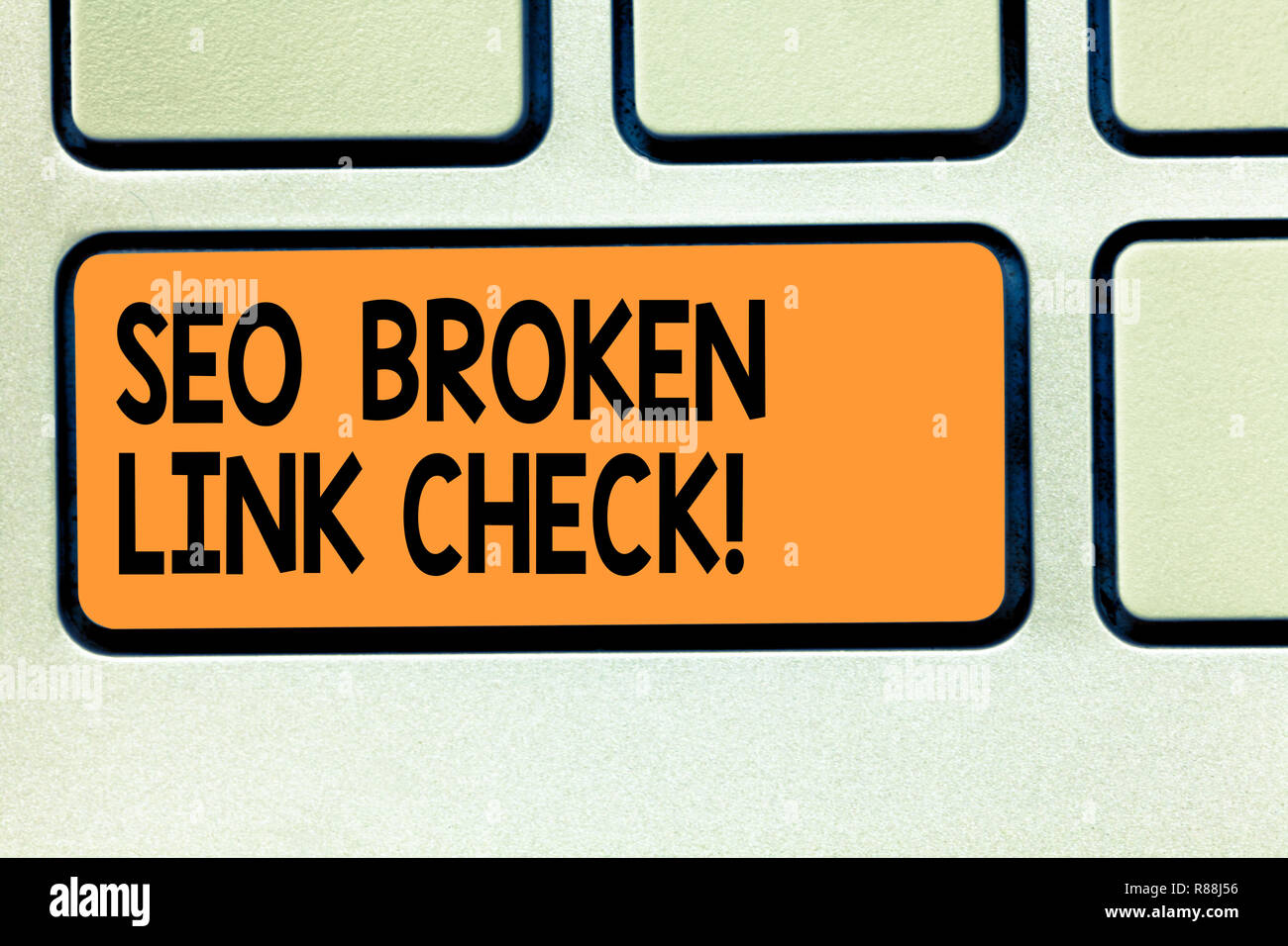 Conceptual hand writing showing Seo Broken Link Check. Business photo showcasing Search engine optimization error in website links Keyboard key Intent Stock Photo