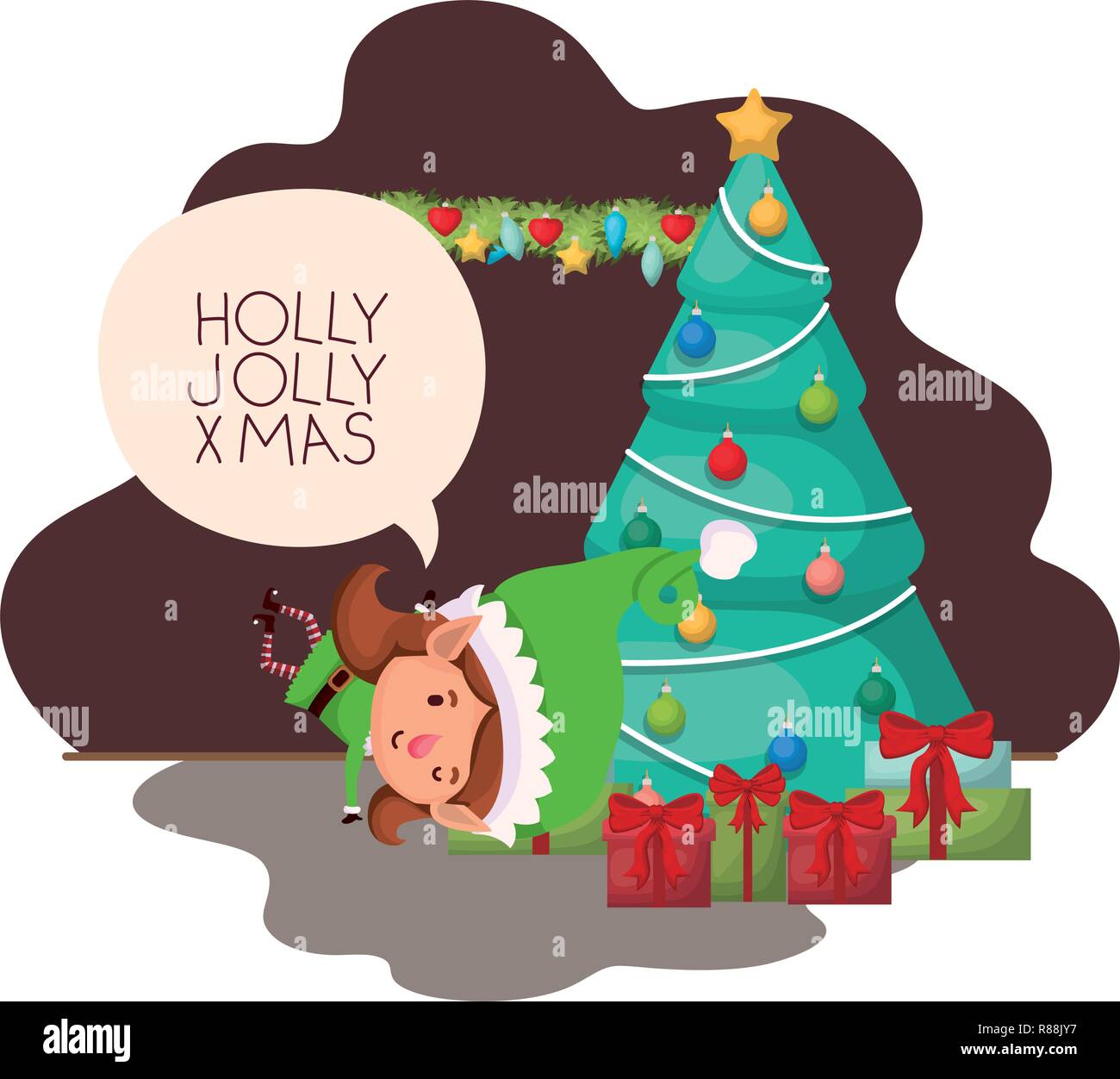 elf woman with christmas tree and gifts Stock Vector