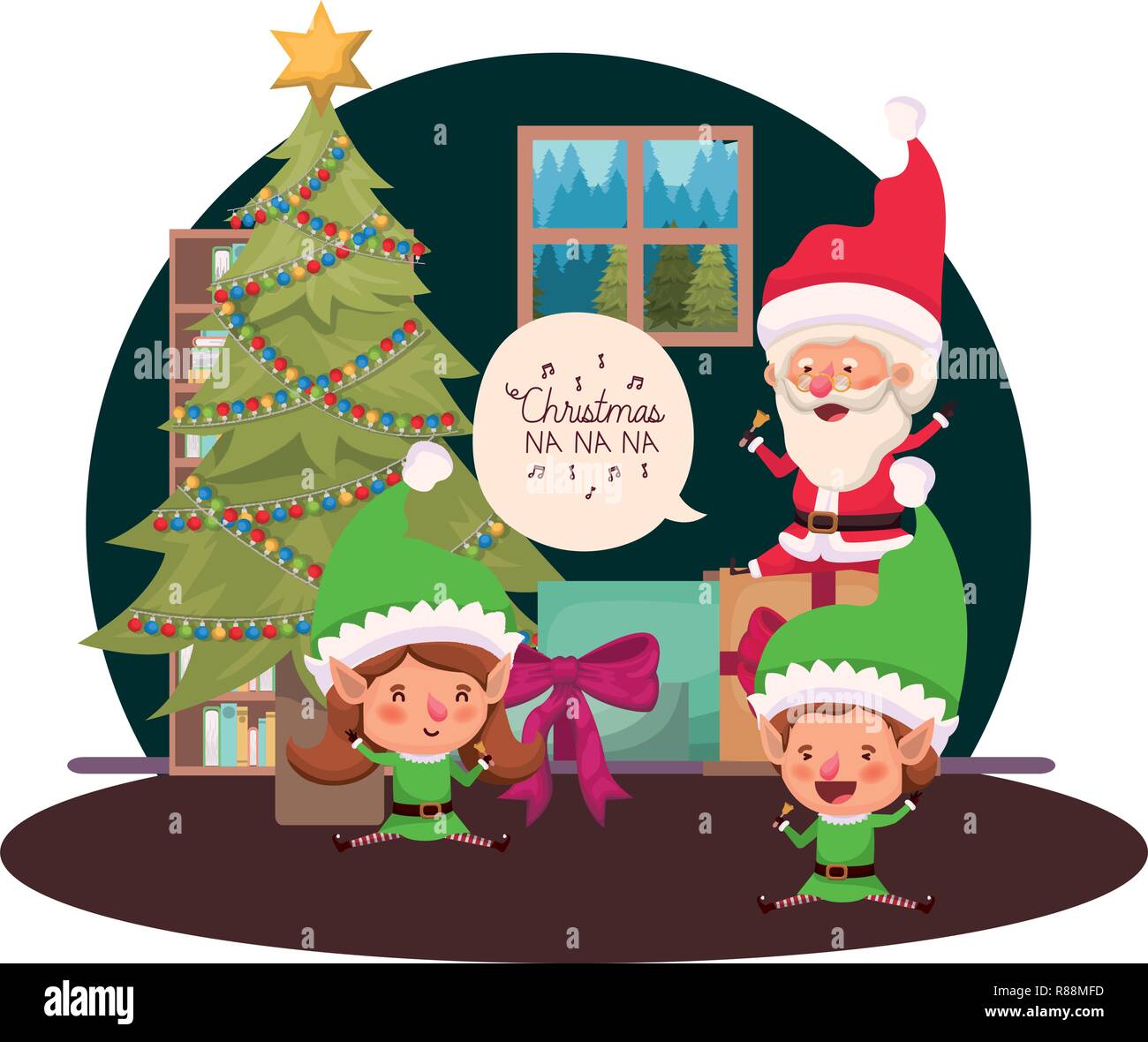 couple of elves and santa claus with christmas tree Stock Vector Image ...