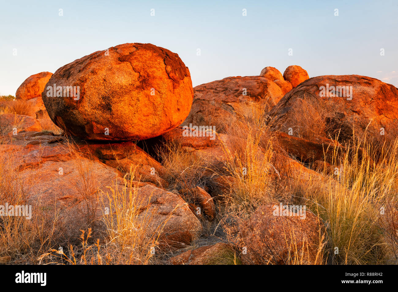 Evening light on the well balanced Devils Marbles. Stock Photo