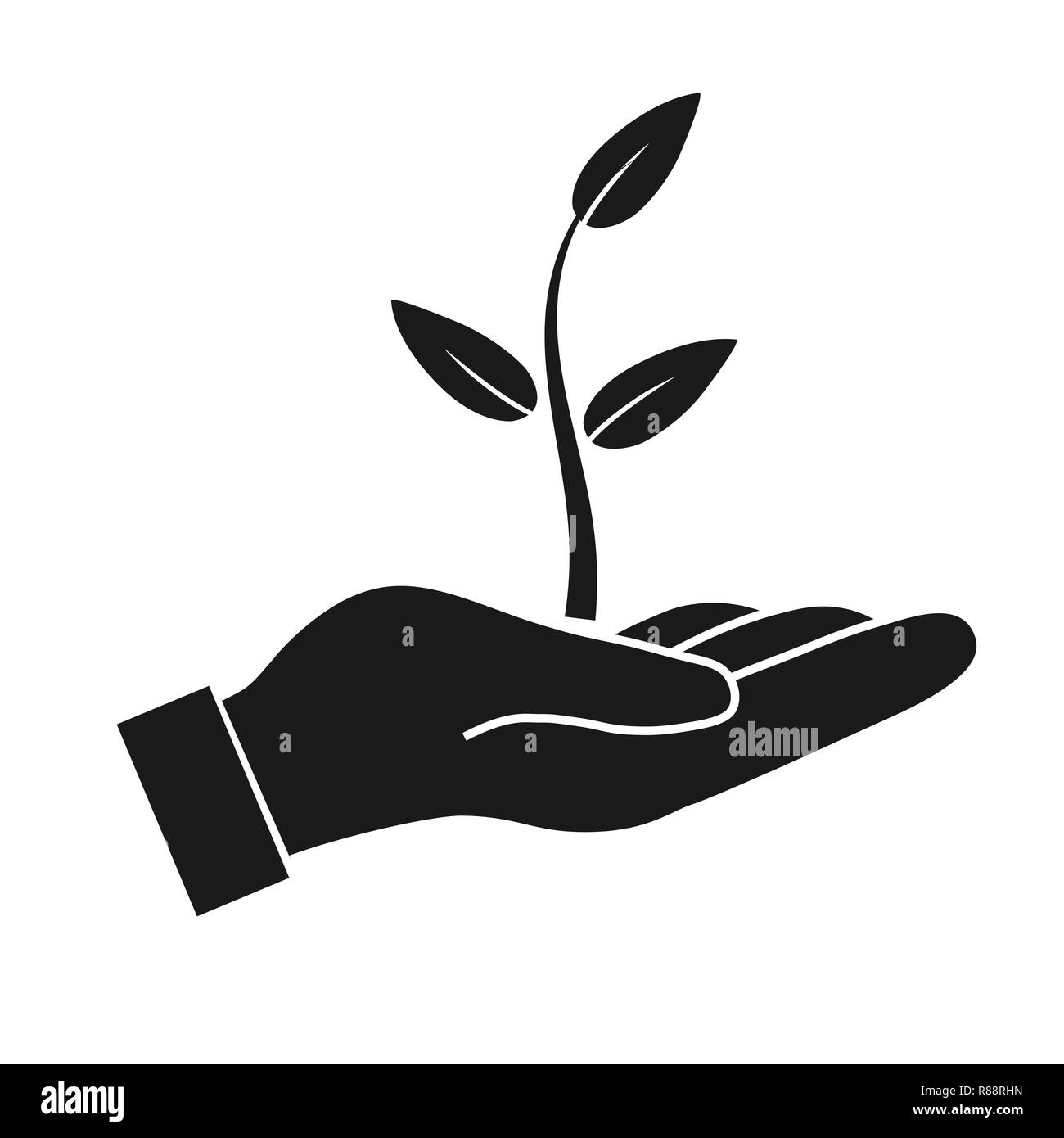 Plant in hand. Protection vector icon on white background Stock Vector