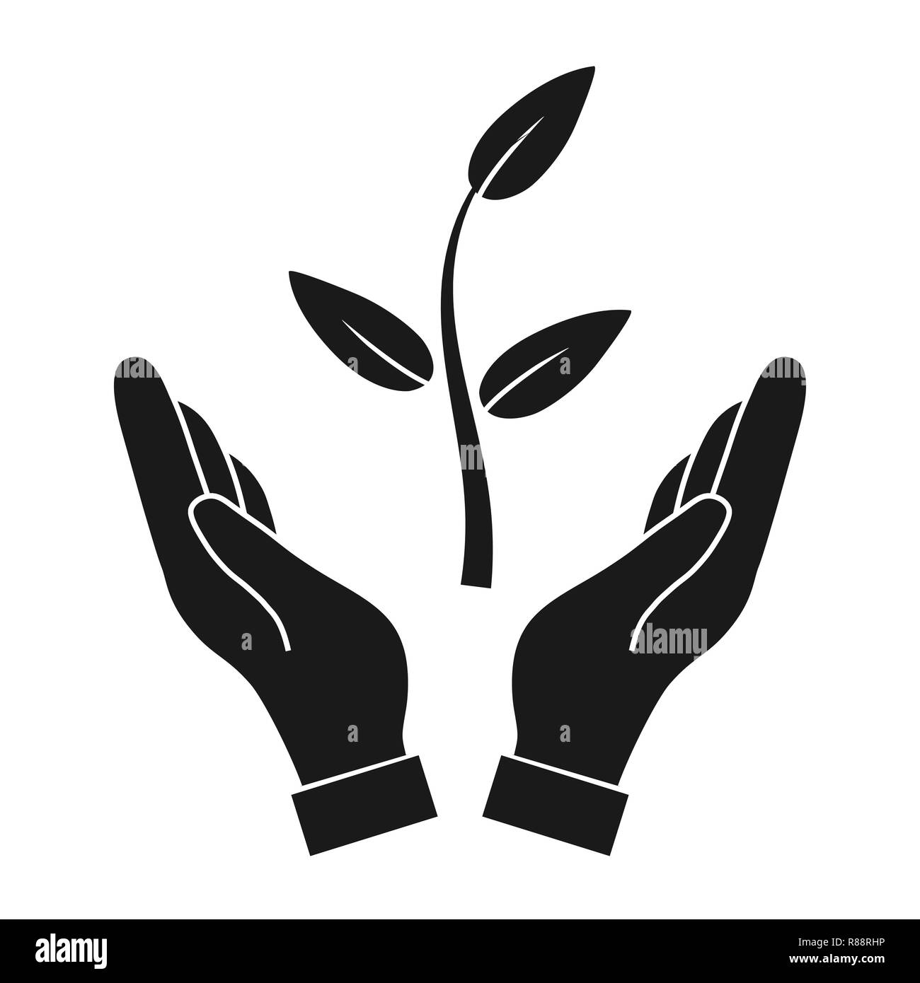 Plant in hand. Protection vector icon on white background Stock Vector