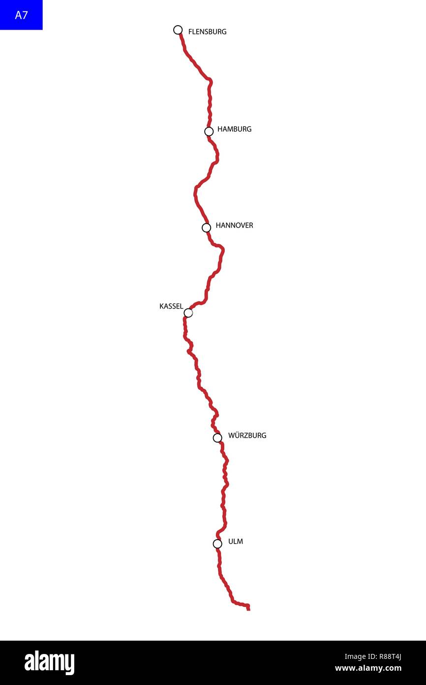 German highway route A7. Bundesautobahn 7. Road map of Germany Stock Vector  Image & Art - Alamy