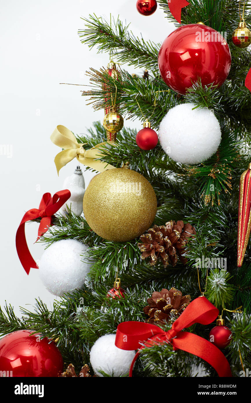 Closeup of a decorated Christmas tree, isolated white background Stock ...