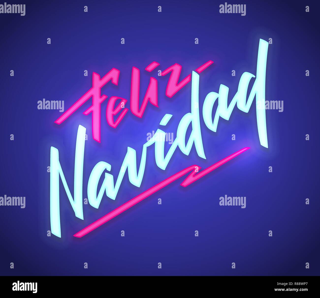 Feliz Navidad - Merry Christmas from Spanish, neon text sign. Vector background. Neon glowing signboard, bright luminous banner with lettering in hand-written style. For foto overlay, decoration. Stock Vector