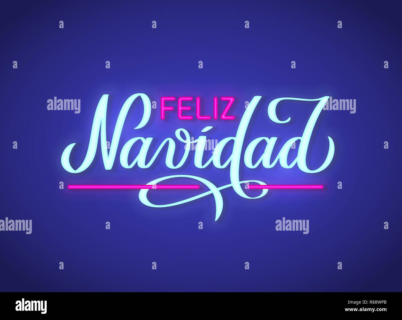 Feliz Navidad - Merry Christmas from Spanish, neon text sign. Vector background. Neon glowing signboard, bright luminous banner with lettering in hand-written style. For foto overlay, decoration. Stock Vector