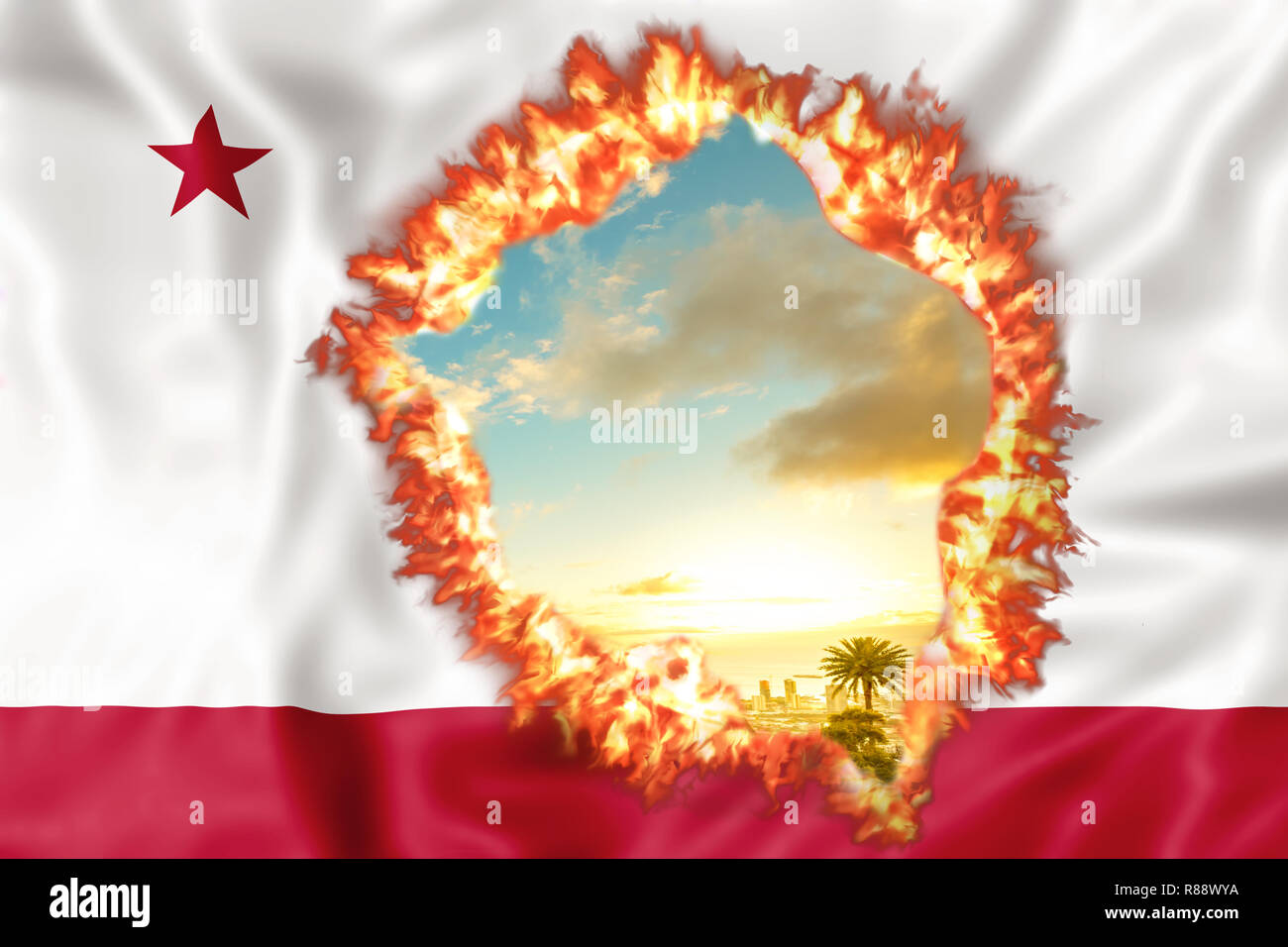 Fires in California in 2018. California Republic Flag on fire with sky sunset background. The fire that is affecting California is considered the most devastating and deadly ever seen in the US state. Stock Photo