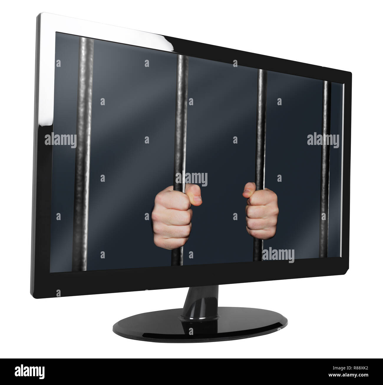Monitor with Hands holding Jail Bars on screen, isolated on white 3d illustration Stock Photo
