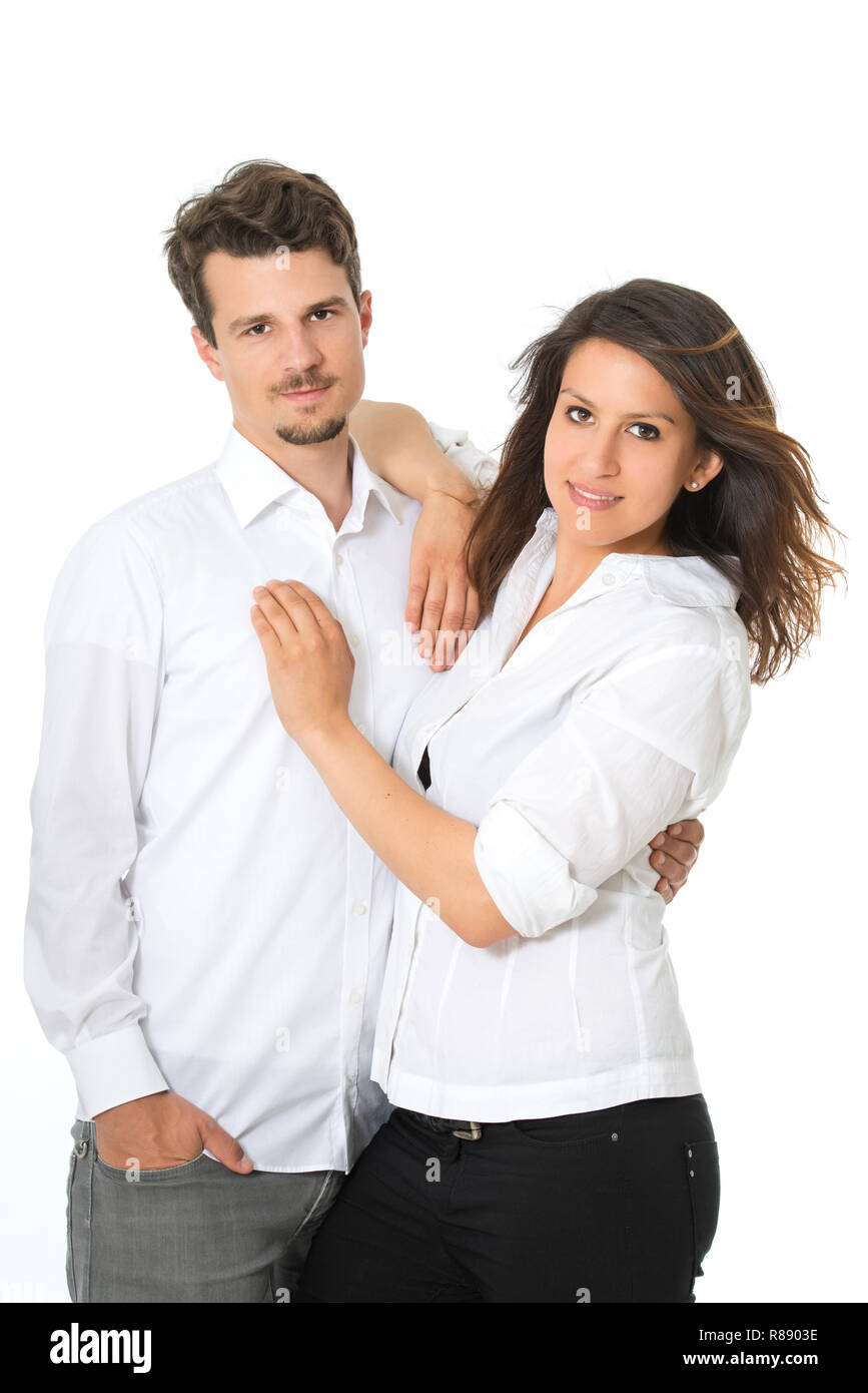 Happy young couple isolated on white Stock Photo - Alamy